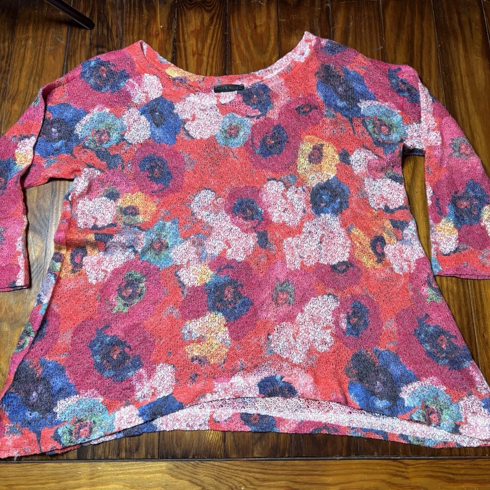 Nally & Millie Pink Floral 3/4 Sleeve Knit Top Womens Sz S/M A1289